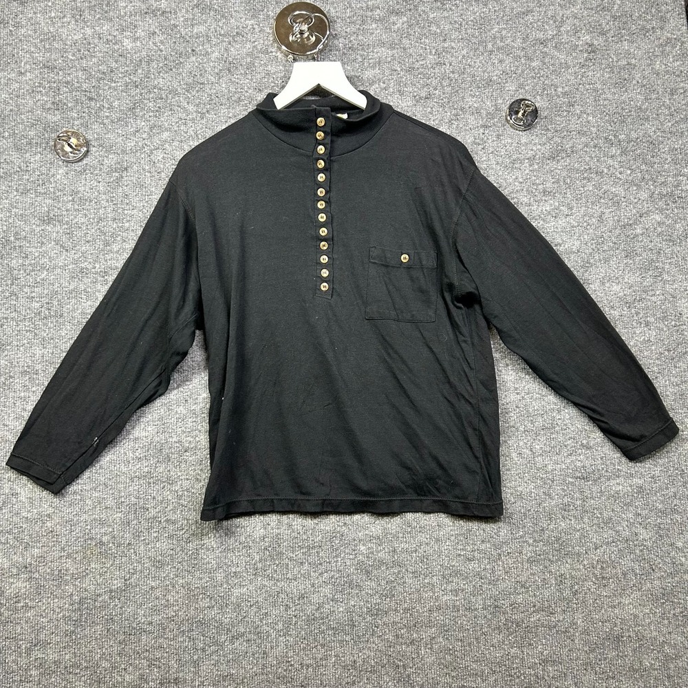 CSL Cherry Stix Long Sleeve Shirt Women's Black Mock Neck Multi Button Retro - L